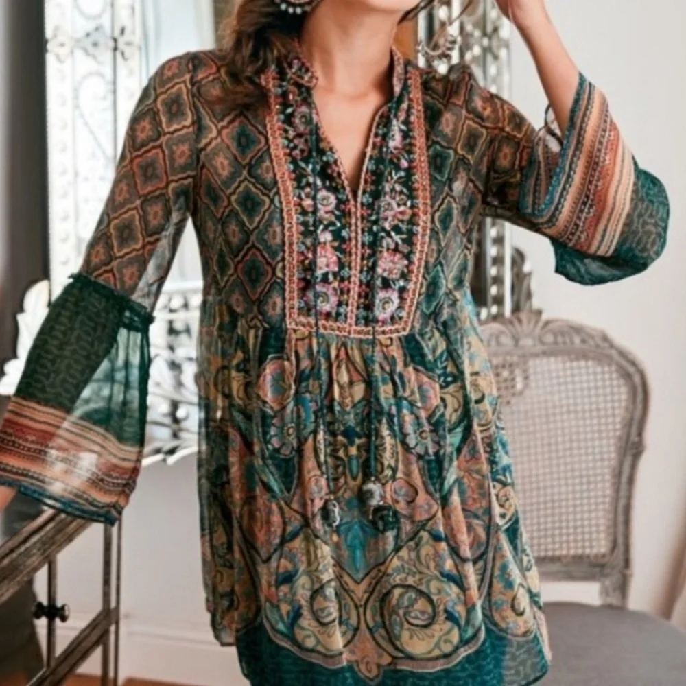 Soft Surroundings Emerald Shira Embroidered Floral Peasant Top Sz S - Picture 2 of 12